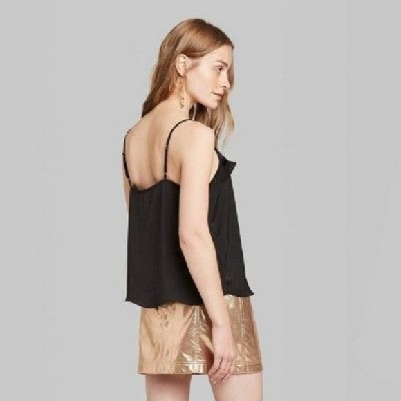 Women's Sleeveless V-Neck Ruffle Front Satin Cami Top - Wild Fable Black L - Picture 2 of 8
